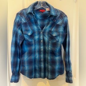 Panhandle Slim Snap Pearl Buttons Long Sleeve Shirt Blue Plaid, Size M